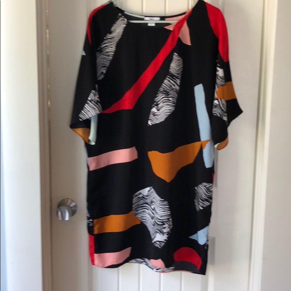 Black with red, gold, pink, blue dress